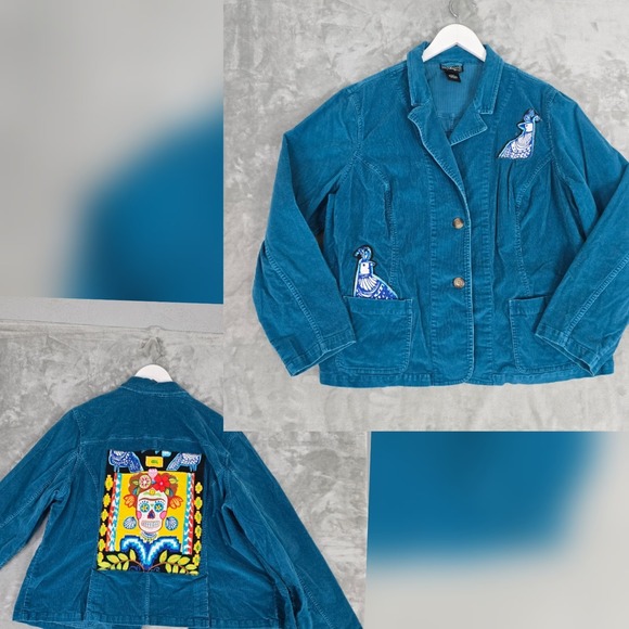 Style and Co Jackets & Blazers - Sugar Skull Womens Corduroy Blazer Jacket 20 Teal Blue Dia de Los Muertos